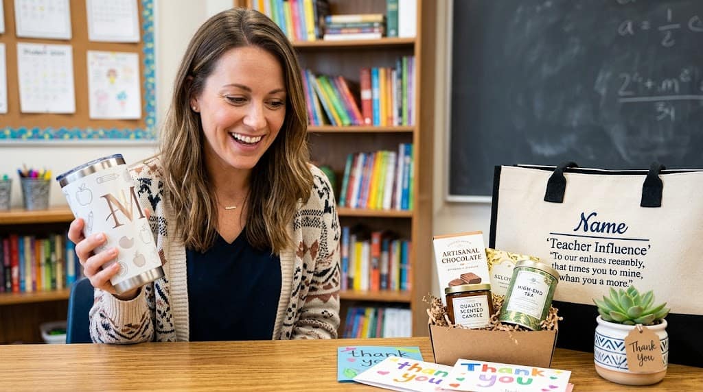 Woman smiling with teacher gifts including mugs, chocolates, and plants in a classroom setting.