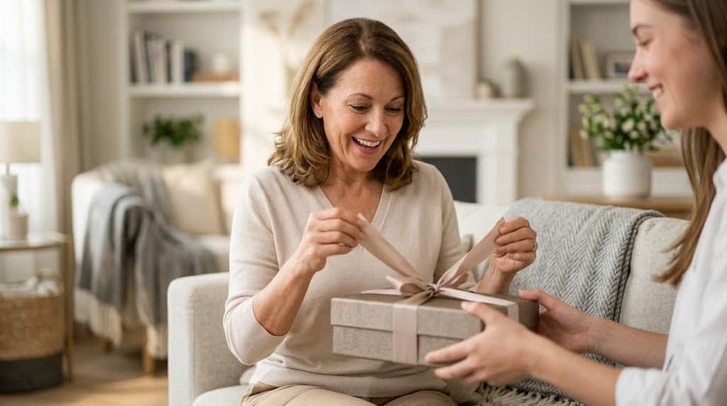 Elegant Mother’s Day gift exchange between a daughter and her mom.