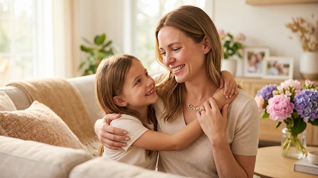 Heartwarming mother and daughter embracing with personalized gift for Mother’s Day.