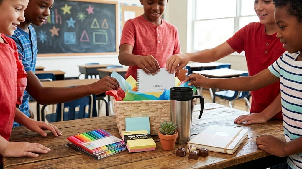 Group of children exchanging inexpensive teacher gifts in classroom setting.