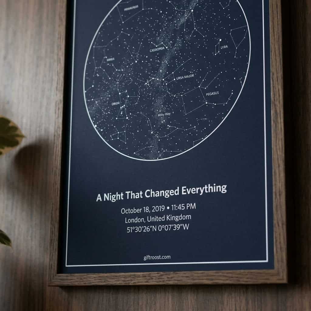 Custom star map print showing constellations, perfect Mother's Day gift.