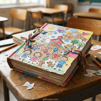 Colorful student art scrapbook with drawings and stickers, perfect for teacher gifts under $15.