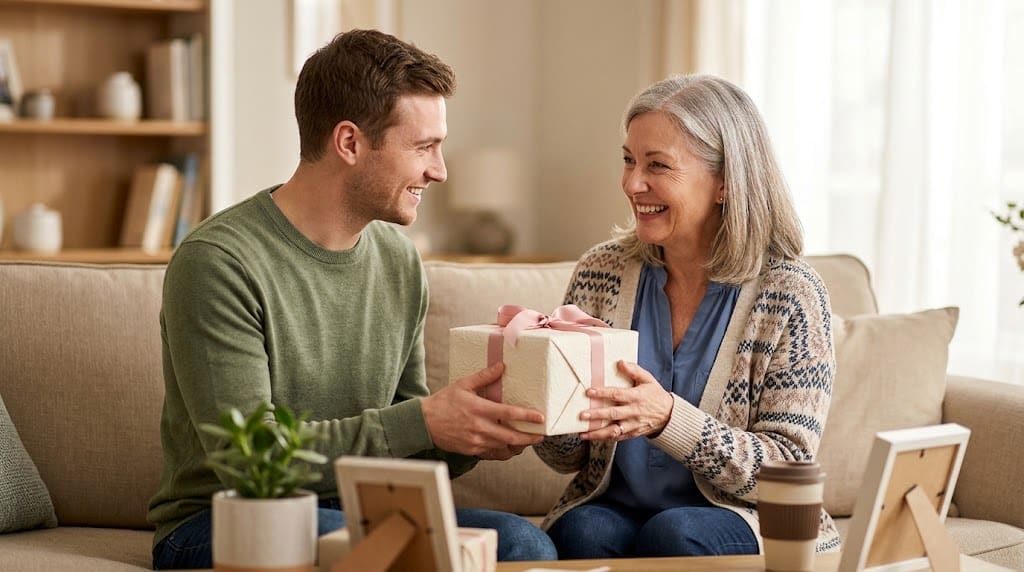 Son giving a gift to mom for Mother's Day, heartfelt moment.