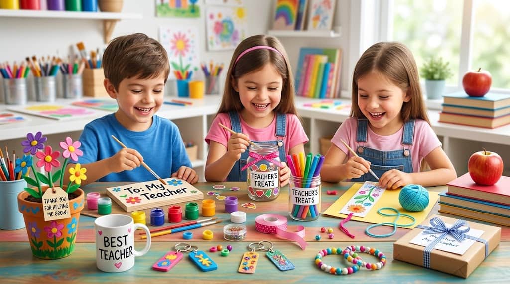 Kids making DIY teacher appreciation gifts with colorful craft supplies in classroom.