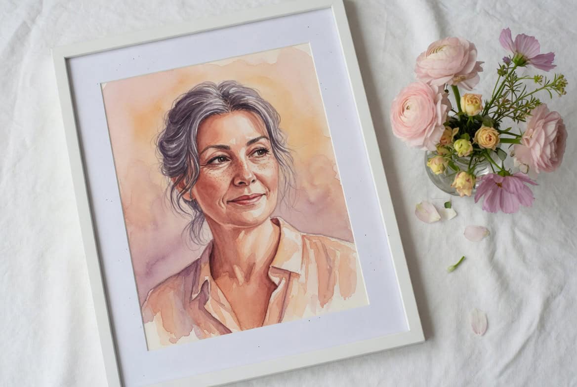 Hand-painted watercolor portrait of an elegant older woman for Mother’s Day gift.
