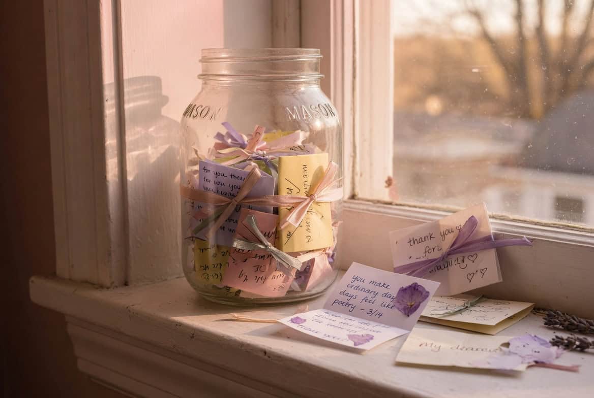 Glass jar filled with heartfelt handwritten notes and small gifts for Mother's Day.