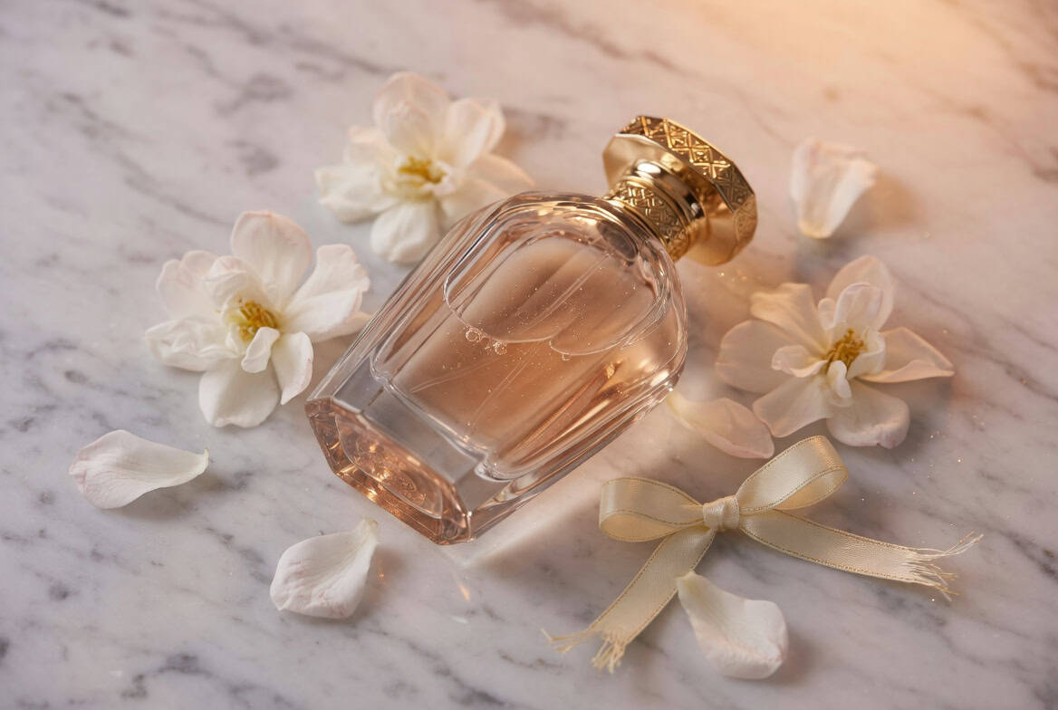 Beautiful perfume bottle with a gold cap, surrounded by white flowers and a ribbon, perfect for a he.