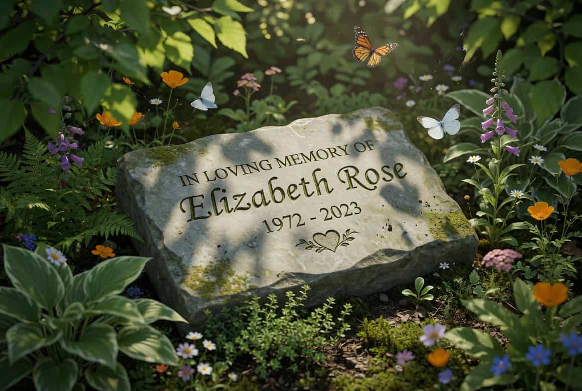Memorial garden stone engraved with "In Loving Memory of Elizabeth Rose 1972-2023".