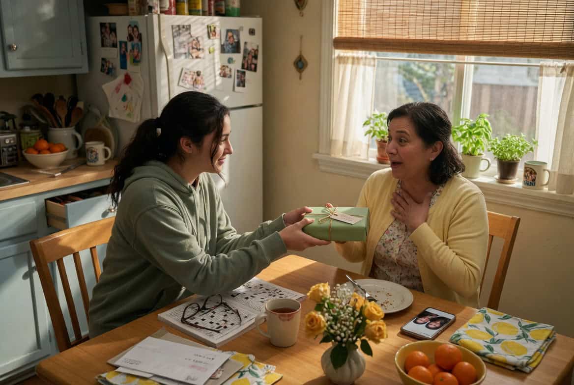 Daughter giving a heartfelt Mother’s Day gift to her mother at the kitchen table.