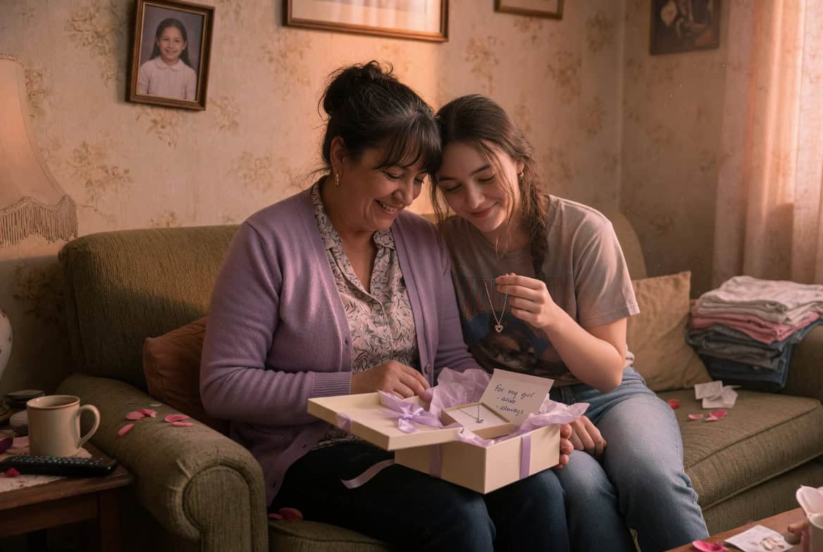 Heartwarming moment of mother and daughter exchanging a Mother's Day gift at home.