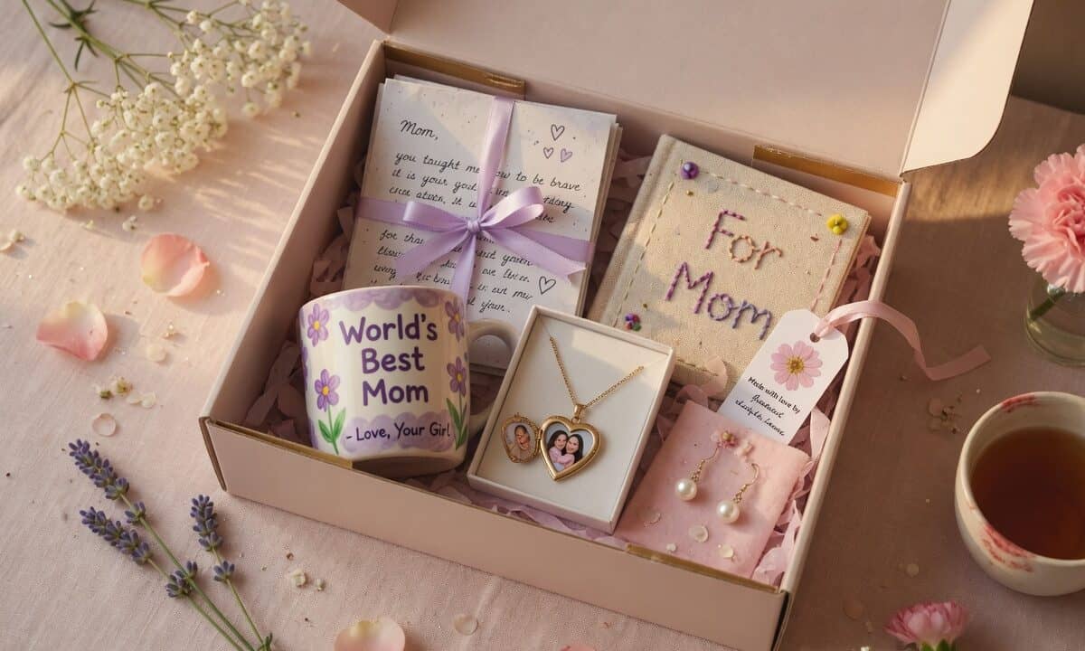 Thoughtful Mother's Day gift box with jewelry, notes, and personalized items for daughter.