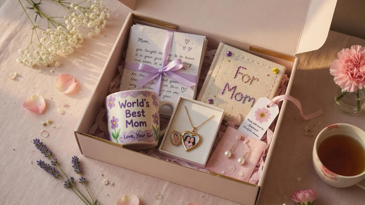 Thoughtful Mother's Day gift box with jewelry, notes, and personalized items for daughter.