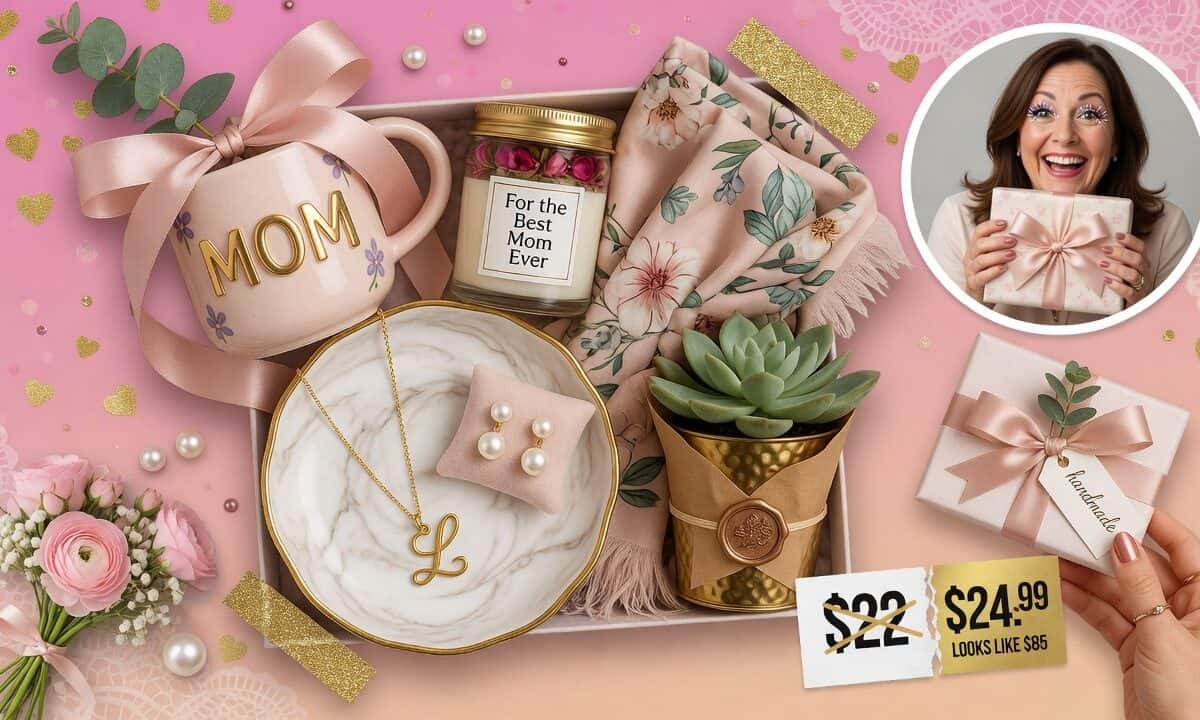 Beautiful Mother's Day gift arrangement with flowers, jewelry, and personalized touches for a specia.