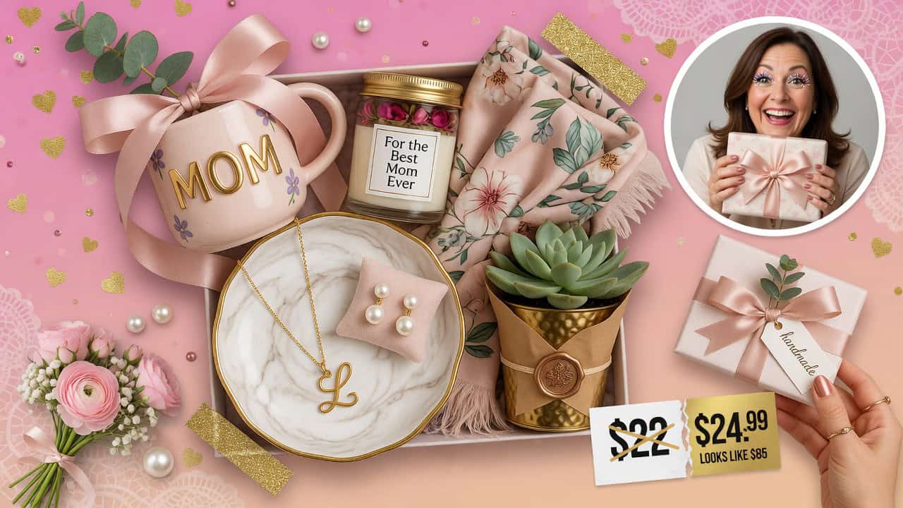 Beautiful Mother's Day gift arrangement with flowers, jewelry, and personalized touches for a specia.