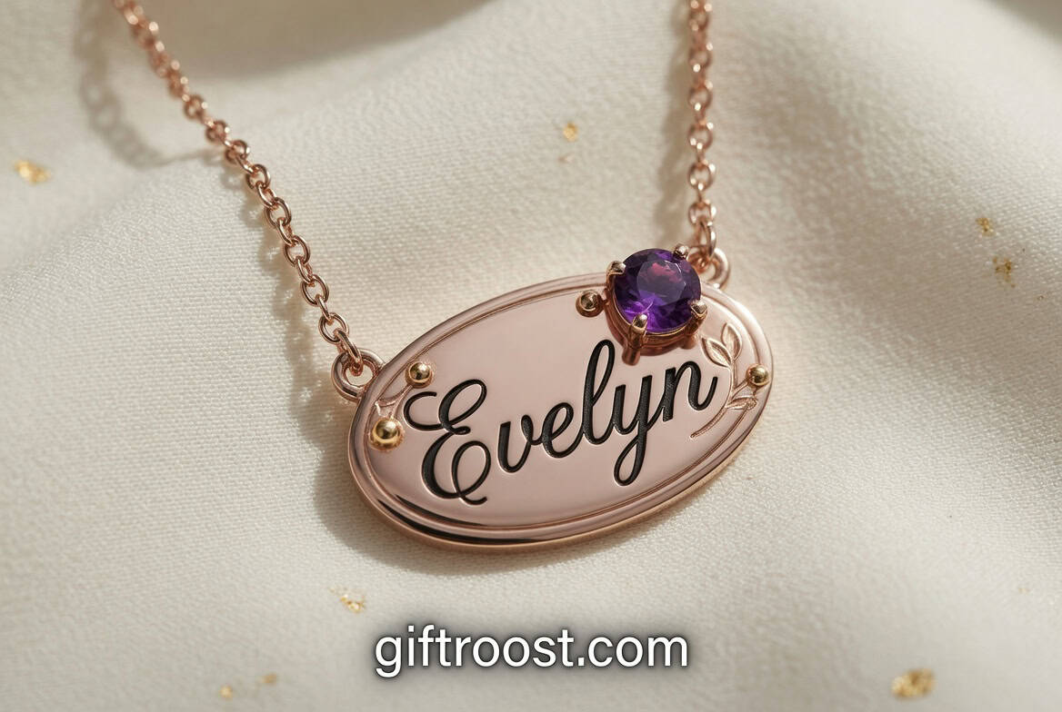 Custom engraved necklace with name "Evelyn" and purple amethyst gemstone. Perfect Mother's Day gift.