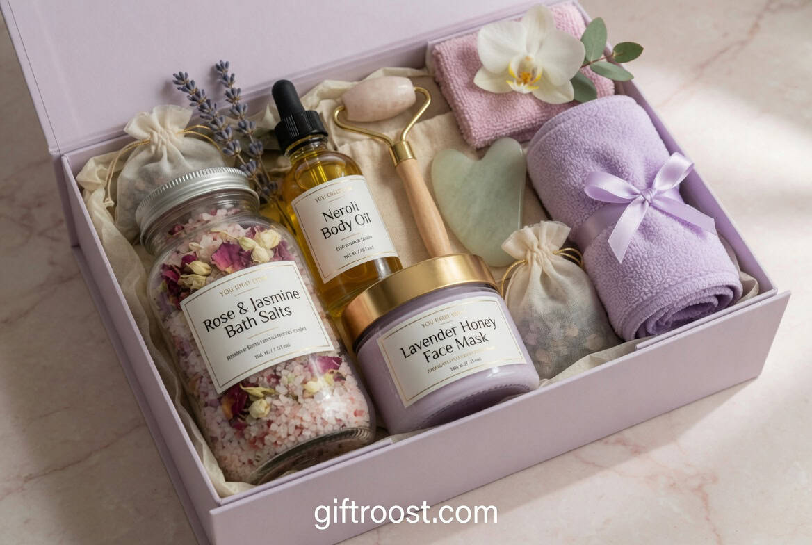 Elegant spa gift box with bath salts, face mask, body oil, and cozy towels for mom.