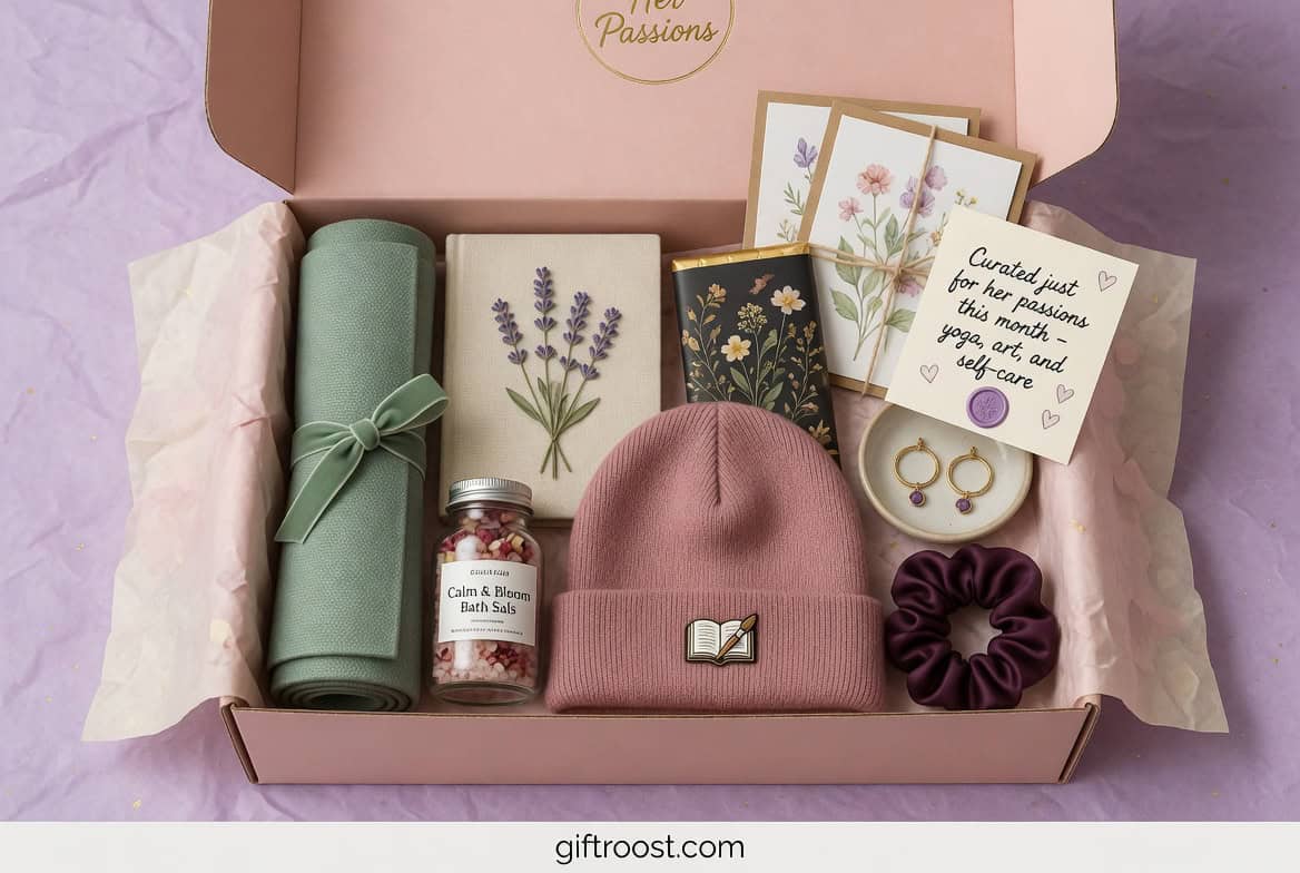 Elegant Mother's Day gift box with lavender bath salts, jewelry, and cozy accessories for a heartfel.