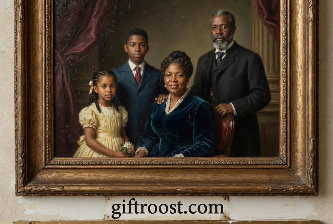 Elegant family portrait of four African American members in a vintage-style frame, celebrating love.