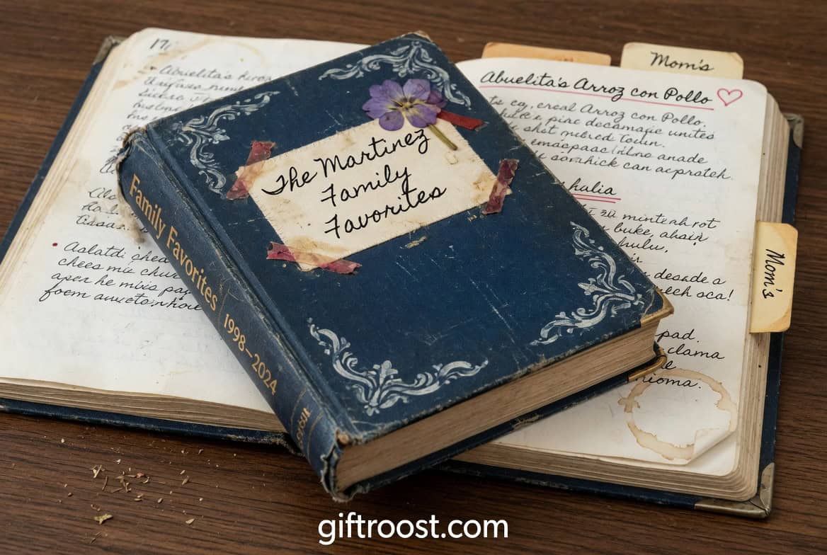 Old family photo album with handwritten notes and a "Family Favorites" label, perfect for sentimenta.