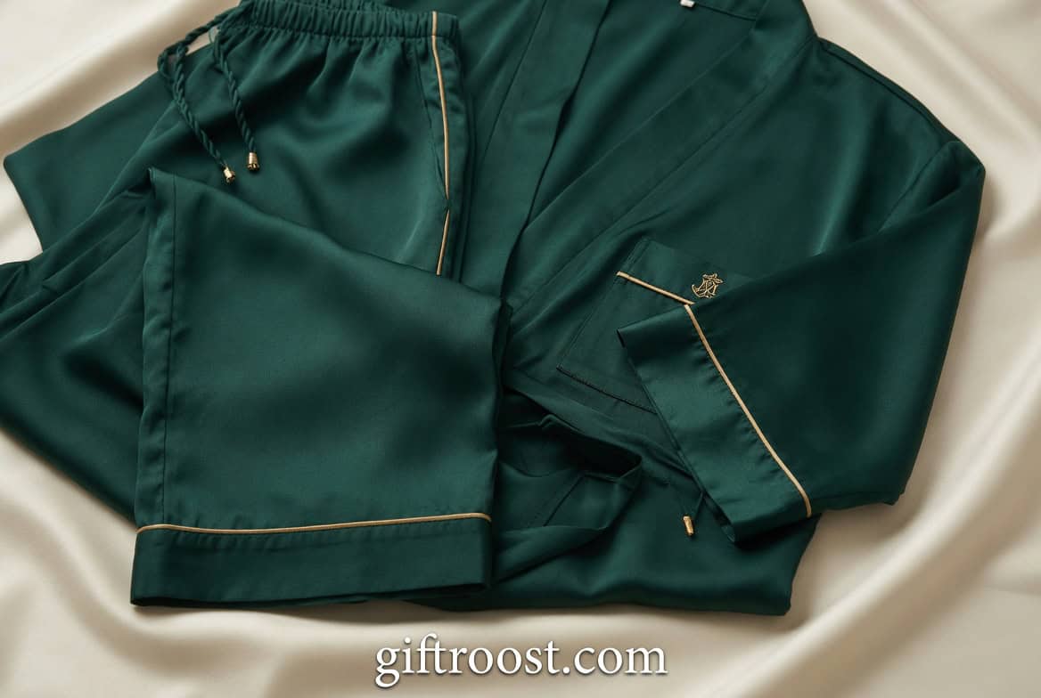 Luxurious green satin pajamas with gold details, ideal for a special Mother's Day gift.