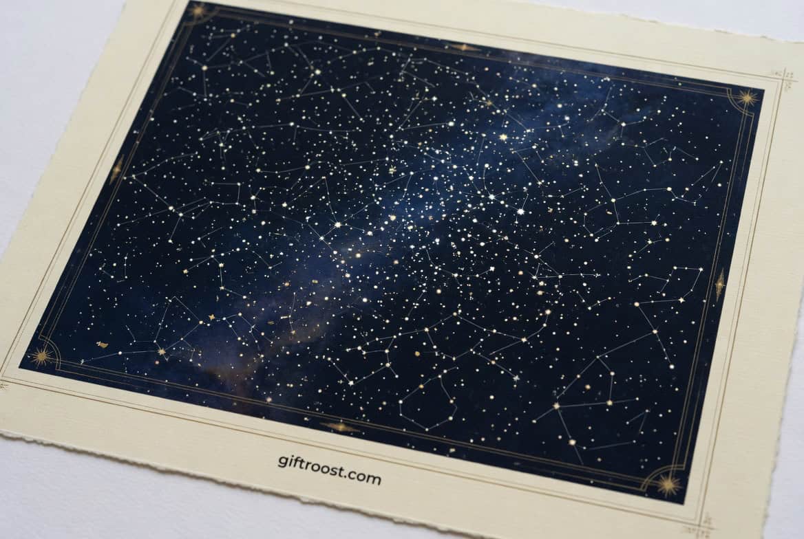 Detailed star map of constellations on Mother's Day.