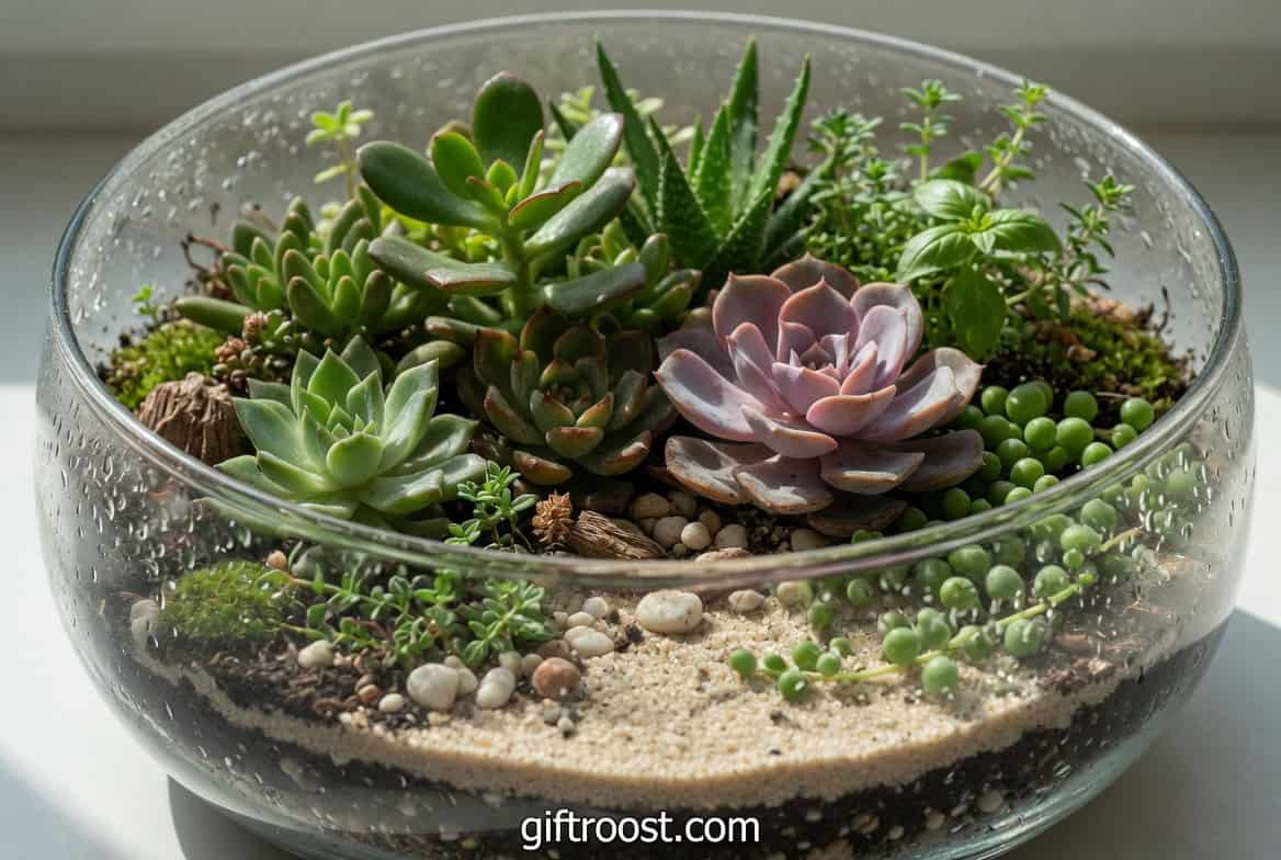 Succulent plant arrangement in a glass bowl, perfect for home decor or gift ideas for Mother's Day.