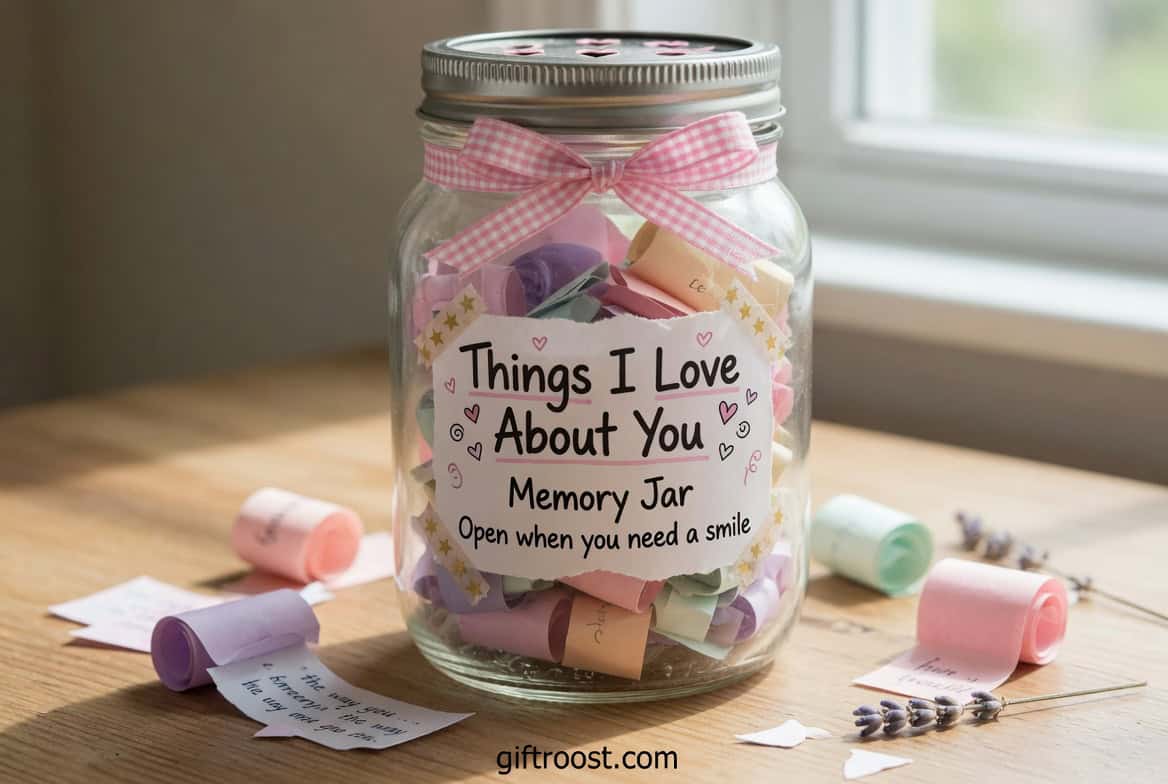 Glass jar filled with colorful notes, labeled "Things I Love About You" for Mother's Day.