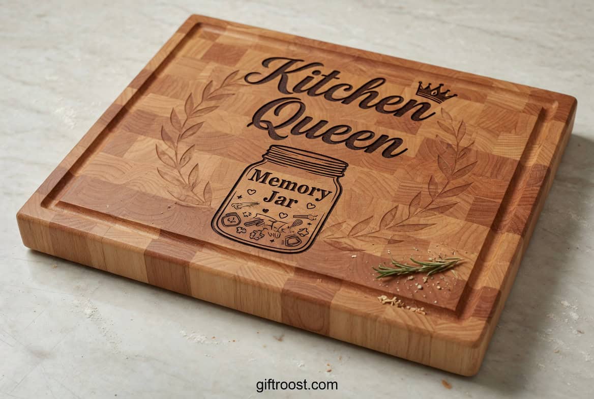 Elegant wooden cutting board engraved with "Kitchen Queen" and a memory jar design.