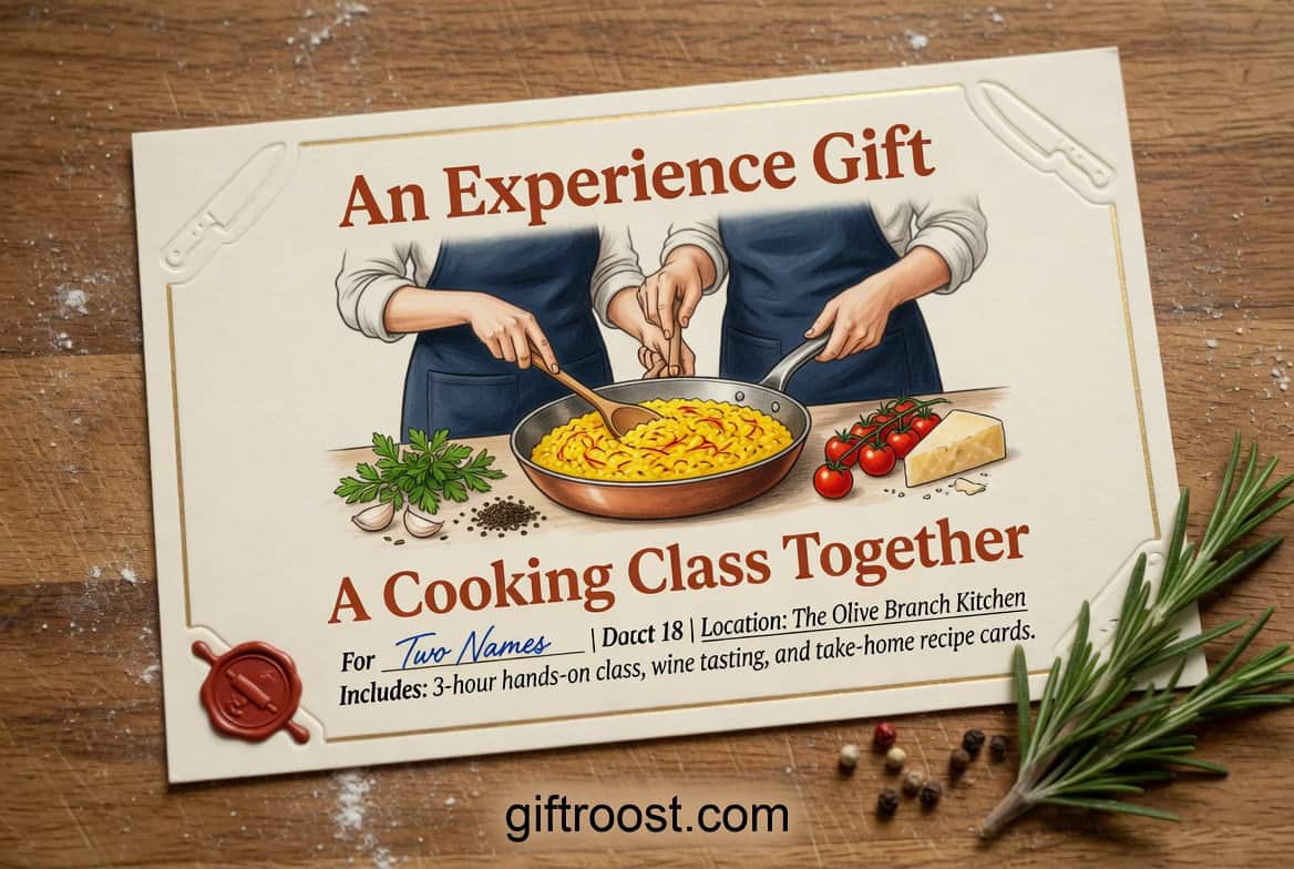 Cooking class gift certificate for Mother's Day, featuring a hands-on experience with pasta.