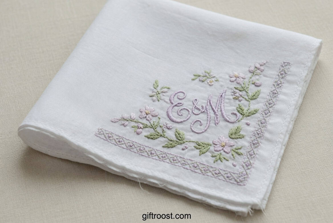 Embroidered handkerchief with floral monogram, perfect Mother's Day gift for a heartfelt surprise.