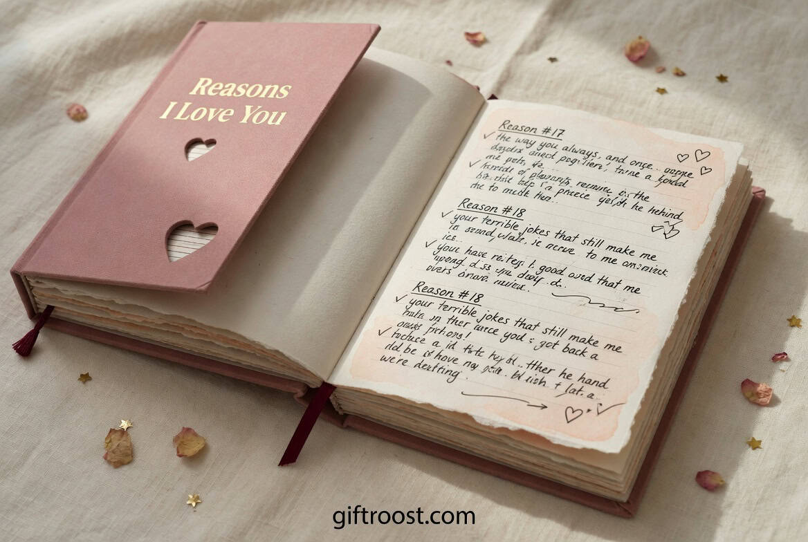 Handwritten love notes in a pink "Reasons I Love You" card for Mother's Day.