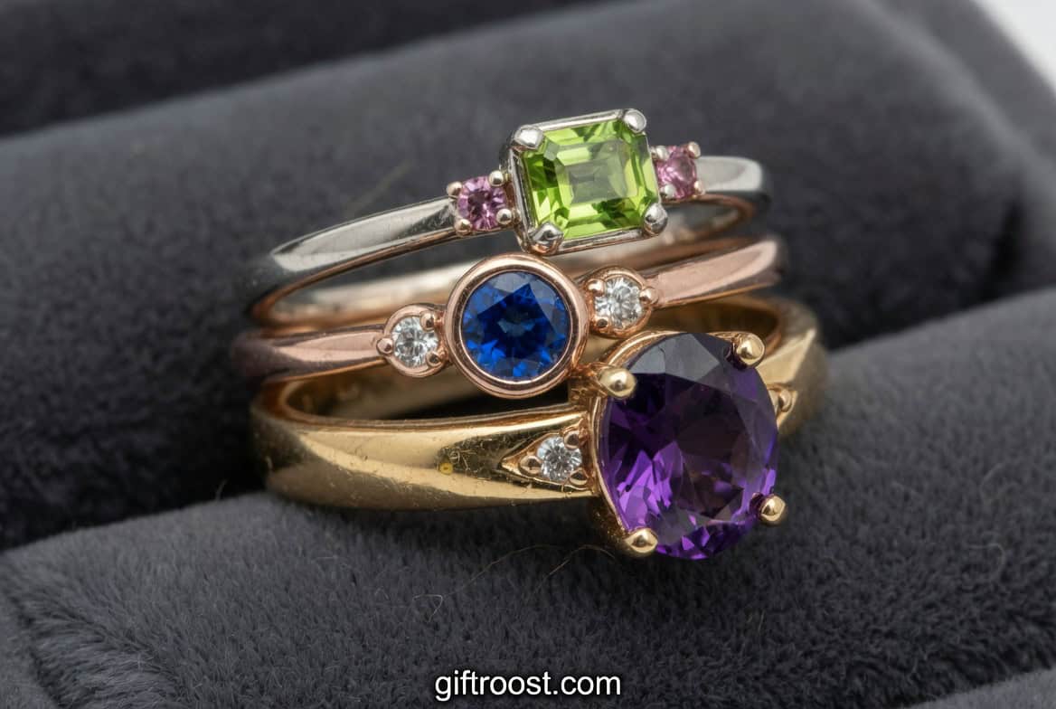 Elegant gemstone rings perfect for Mother's Day gifts.
