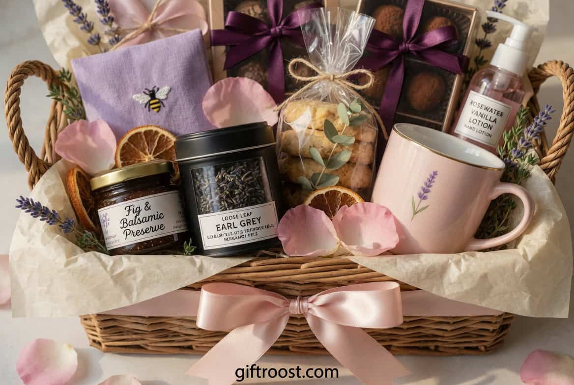 Elegant Mother's Day gift basket with lavender, tea, and skincare essentials for a special mom.