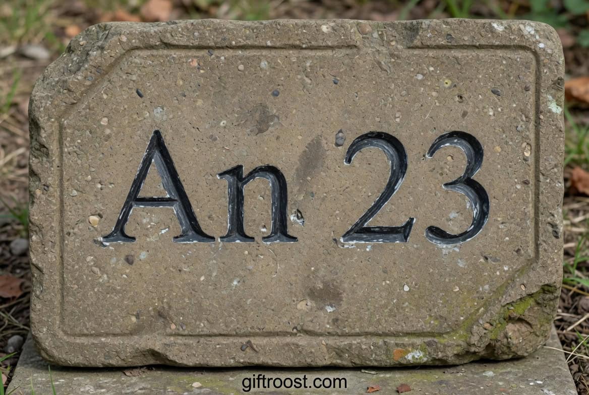 Personalized house number stone with "An 23" engraved, perfect for outdoor home decor.