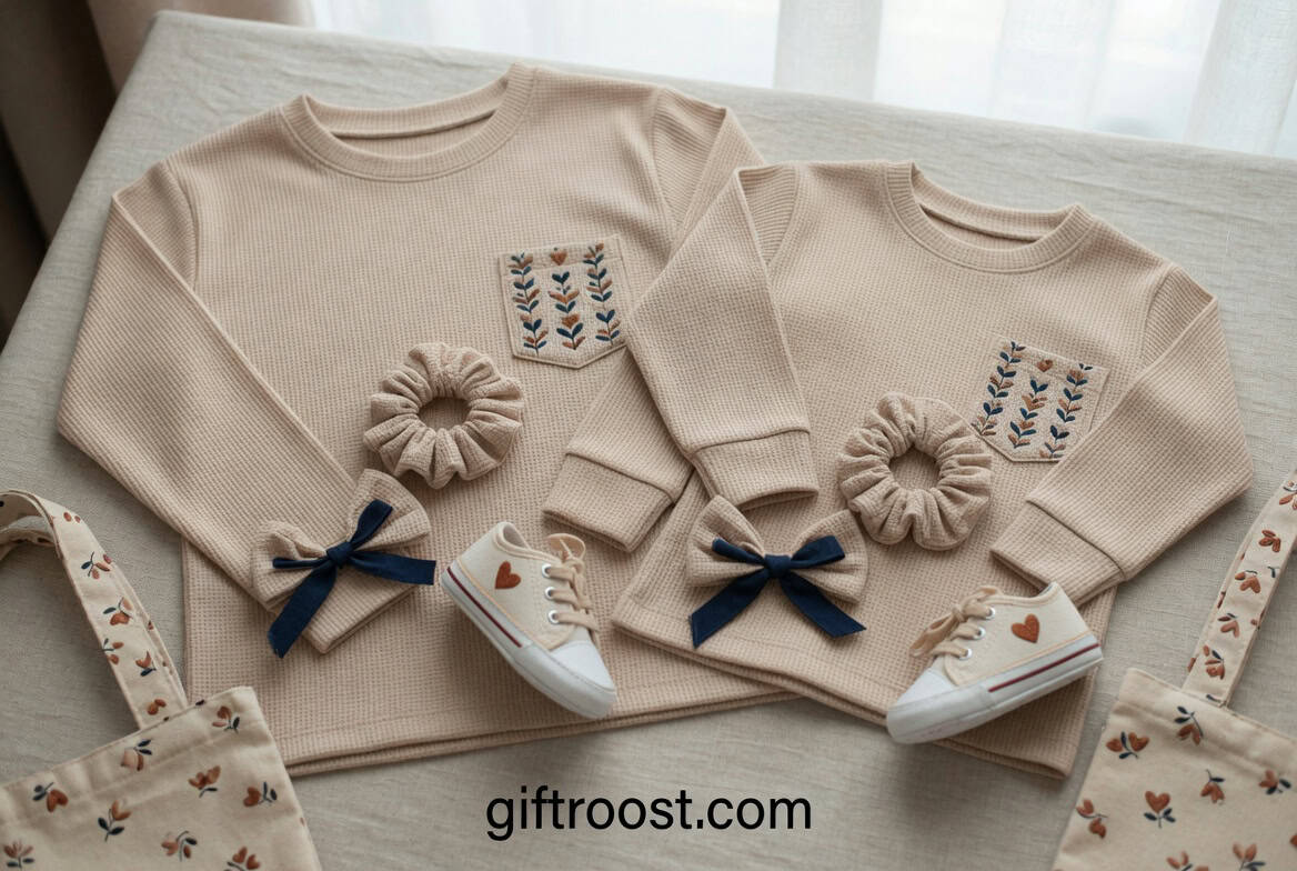 Elegant beige matching sweaters with floral pocket detail for mother and child. Perfect Mother's Day.