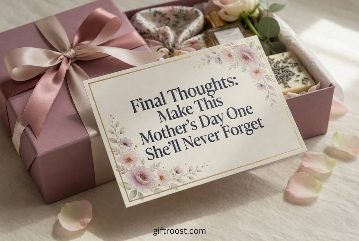 Elegant Mother's Day gift box with a heartfelt note and assorted treats for mom.