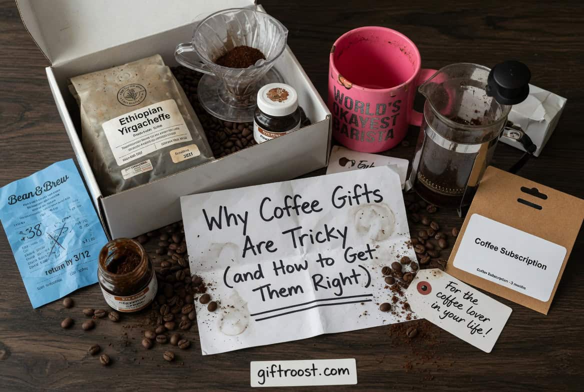 coffee gift guide layout showing different brewing tools and mugs for choosing the perfect coffee lover gift