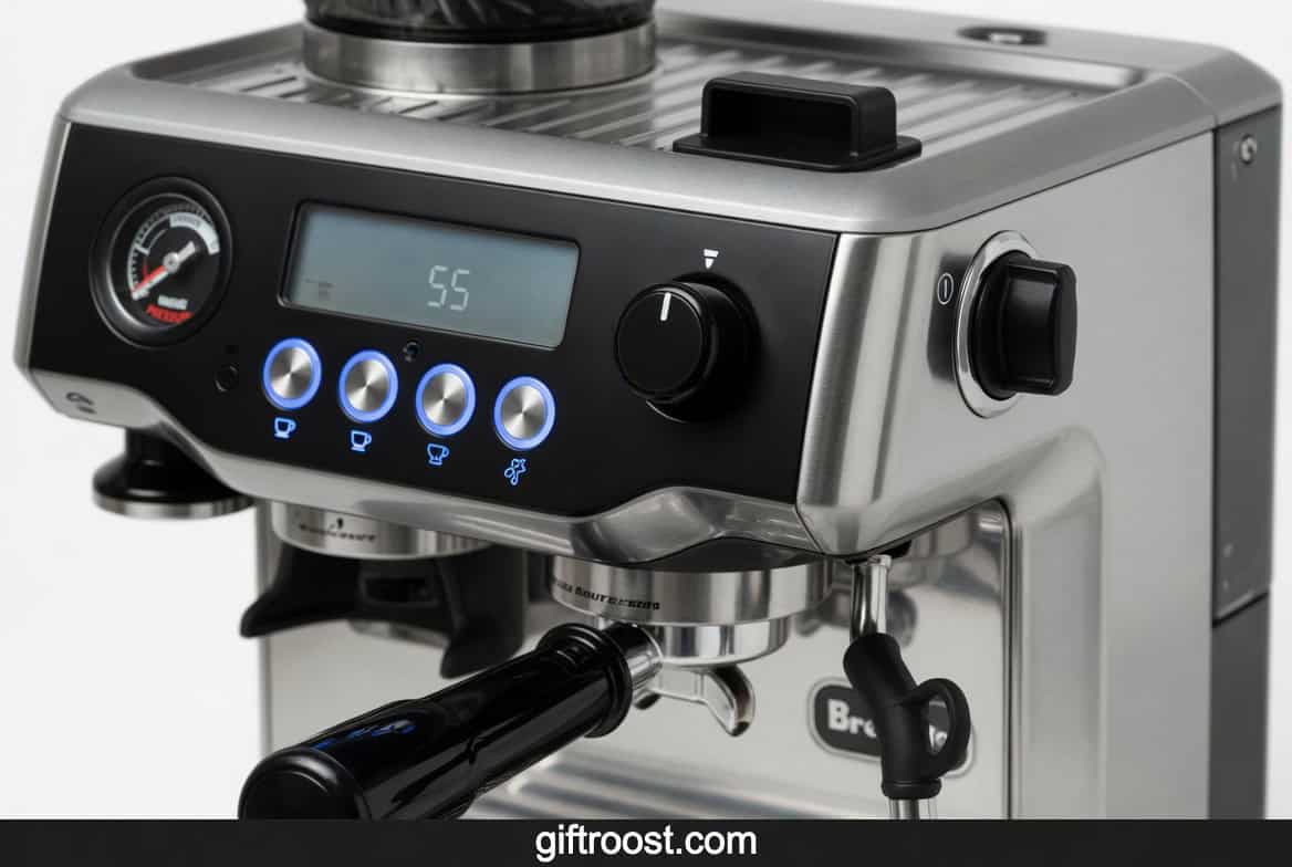 compact Breville Bambino Plus espresso machine on kitchen counter making creamy espresso at home