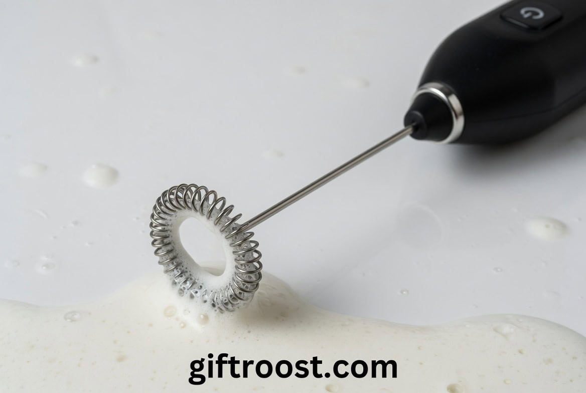 electric milk frother creating creamy foam for lattes and cappuccinos at home