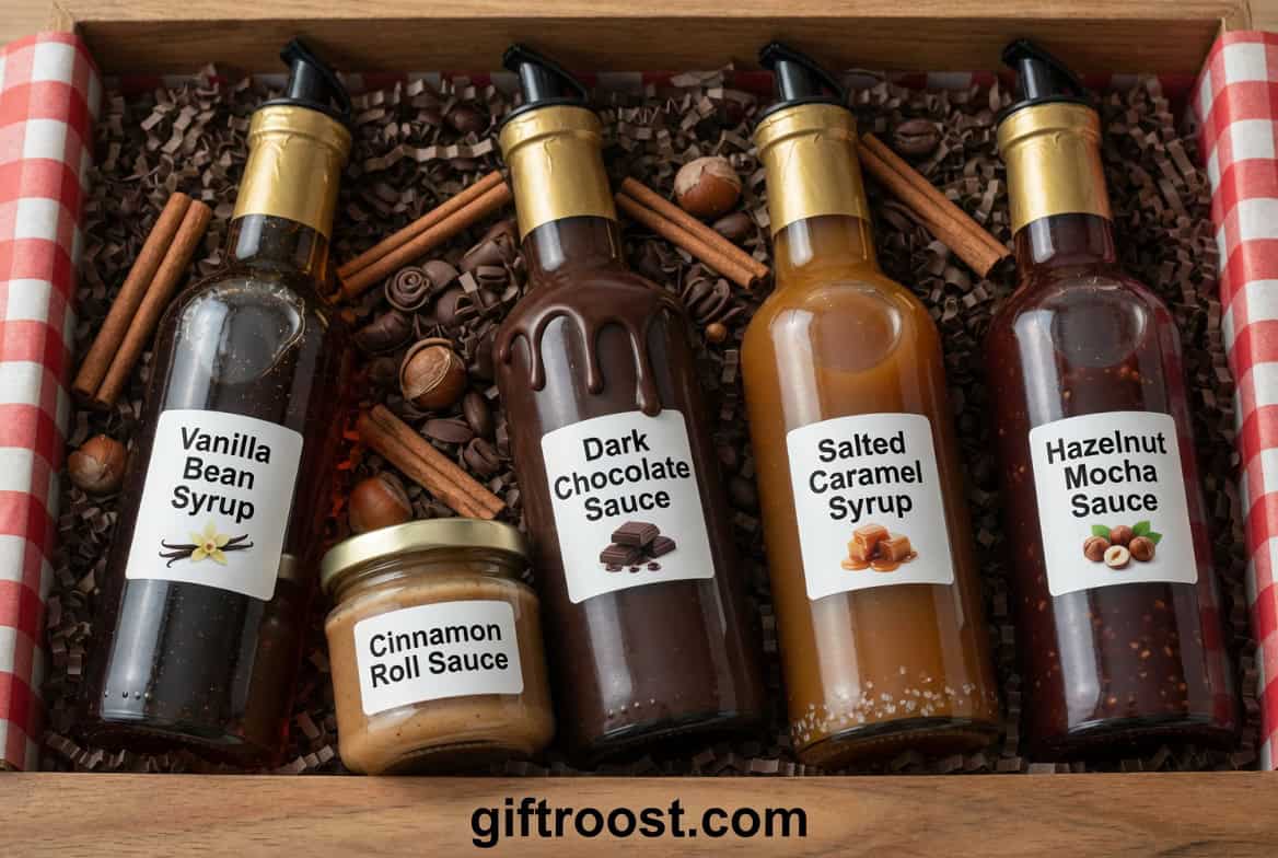 assorted coffee syrups and flavored sauces for making café-style drinks at home