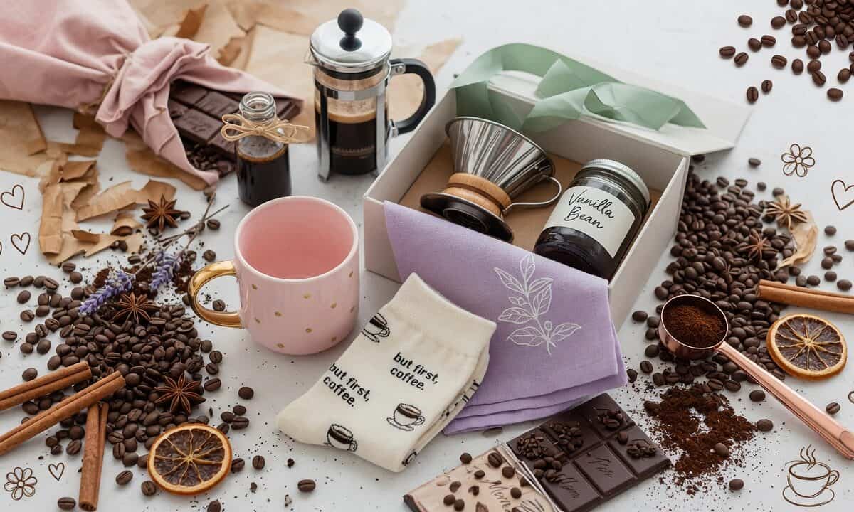 Delight Mom with a coffee-themed gift set including beans, accessories, and treats for a perfect Mot.