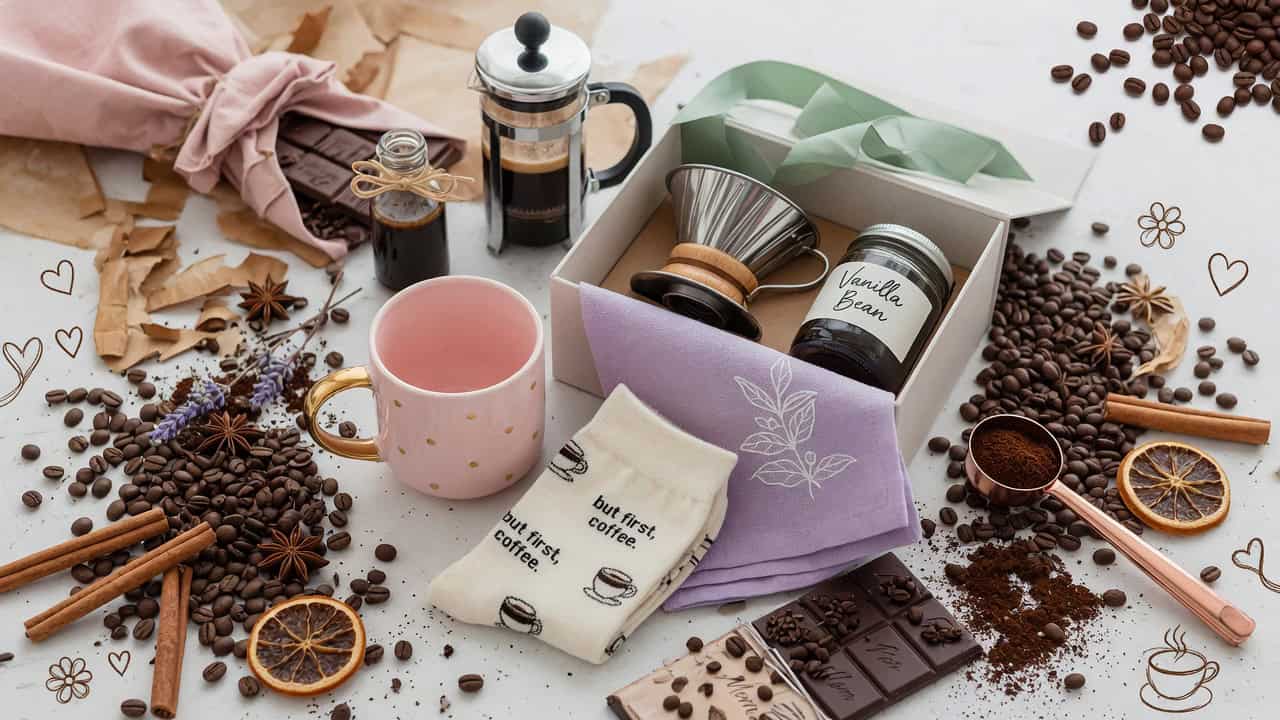 Delight Mom with a coffee-themed gift set including beans, accessories, and treats for a perfect Mot.