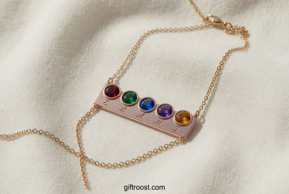  personalized family birthstone necklace featuring multiple colored gemstones representing each family member on a delicate chain