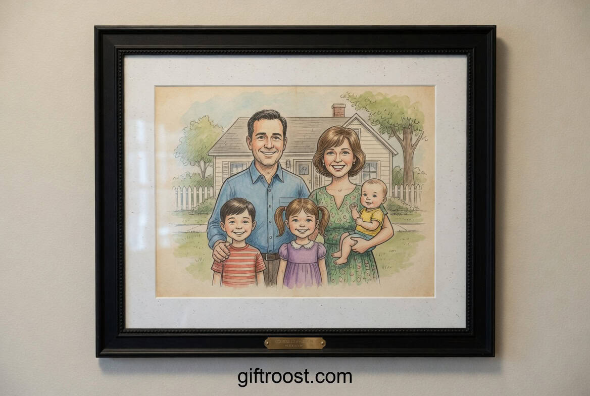 framed custom family illustration artwork capturing loved ones in a unique style