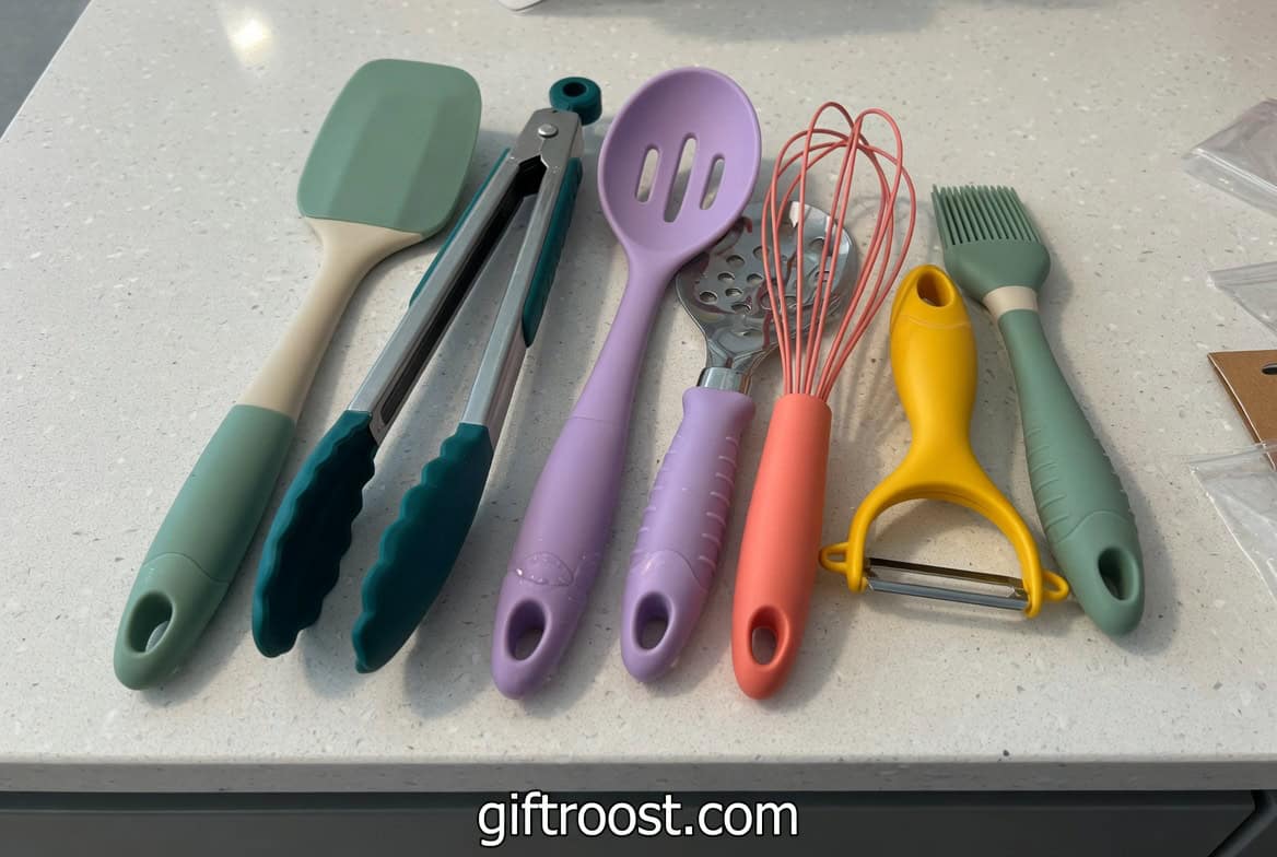 Bright kitchen tools including spatula, tongs, whisk, and peeler for easy meal prep.