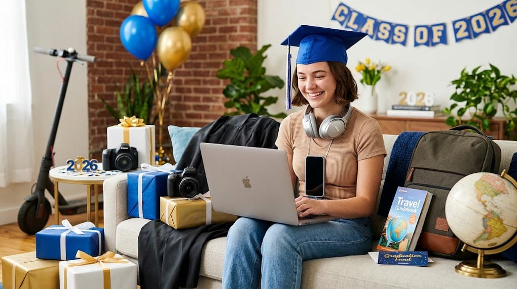 Young woman celebrating graduation with gifts, balloons, and decorations for high school seniors 202.