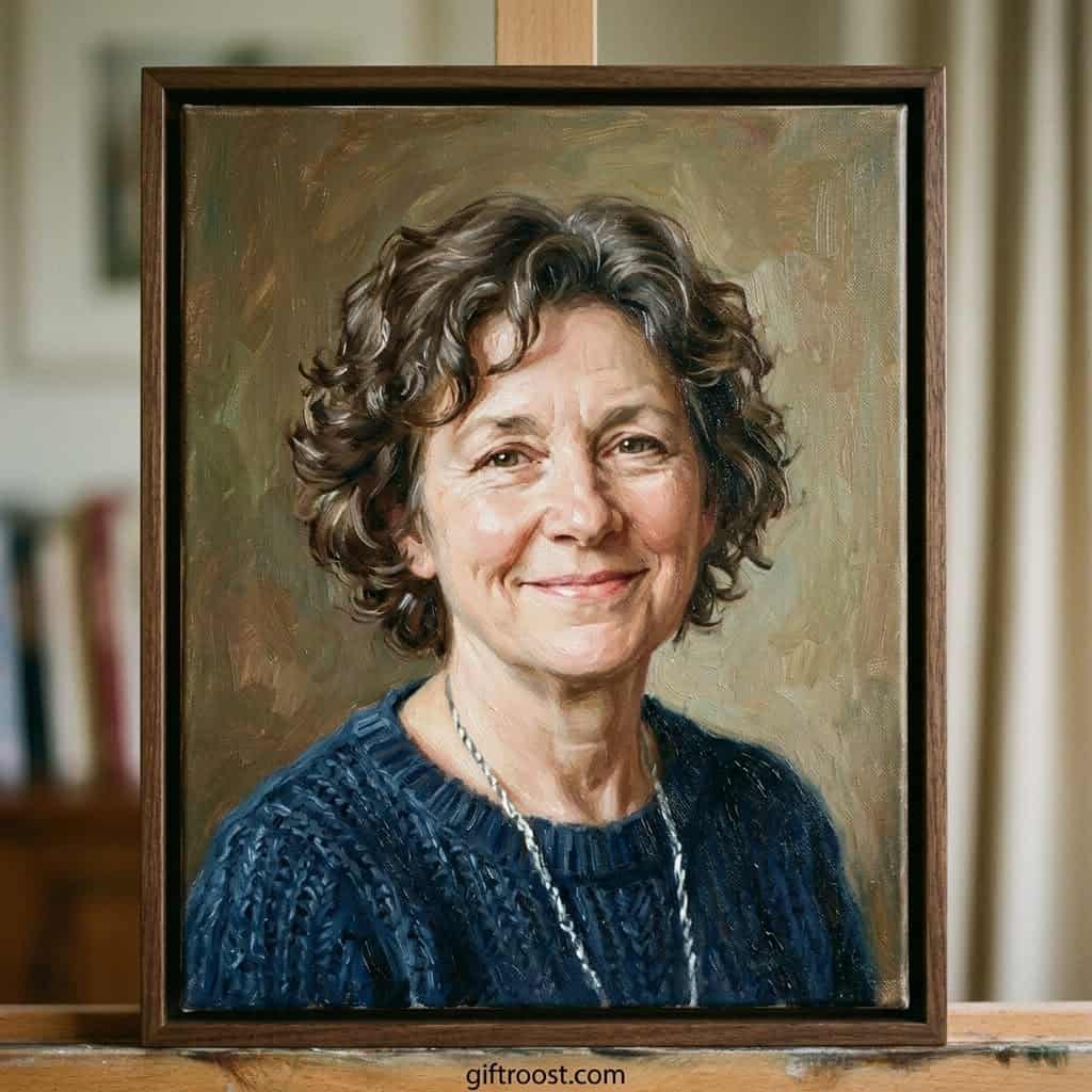Custom painted portrait of a smiling elderly woman for Mother’s Day gift.