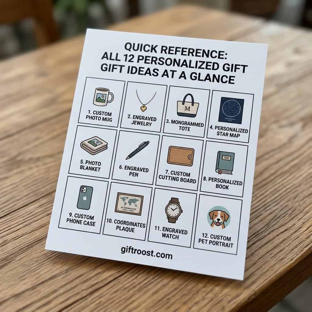 List of 12 personalized gift ideas for Mother's Day, including jewelry, photo gifts, and accessories.