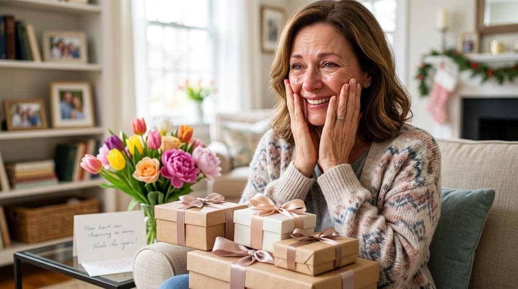 Woman surprised with Mother's Day gifts, smiling happily at home.