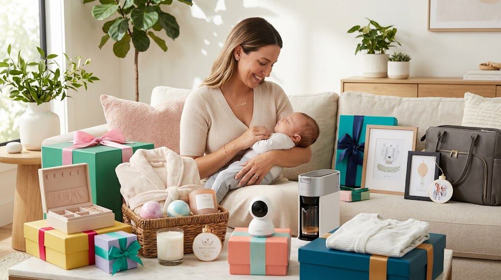 Happy new mom holding her baby with Mother's Day gifts and presents around her.